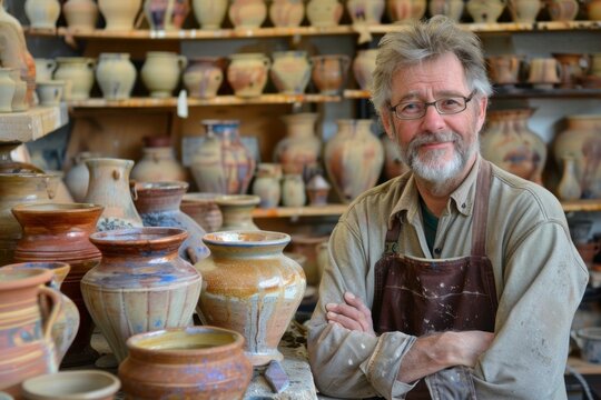 Mature potter is standing in his workshop, surrounded by his beautiful handmade pottery