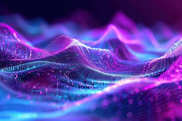 A serene abstract scene with purple and blue particles gracefully flowing in wave-like patterns, reminiscent of sound waves in a tranquil, otherworldly atmosphere,