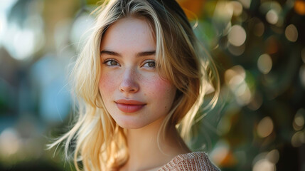 a portrait of a young beautiful blond woman, with empty copy space