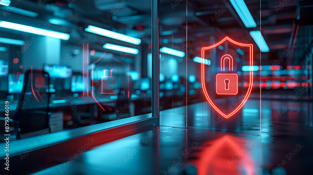 Poster close-up of a digital lock with a security icon on a digital and security screen. modern office with