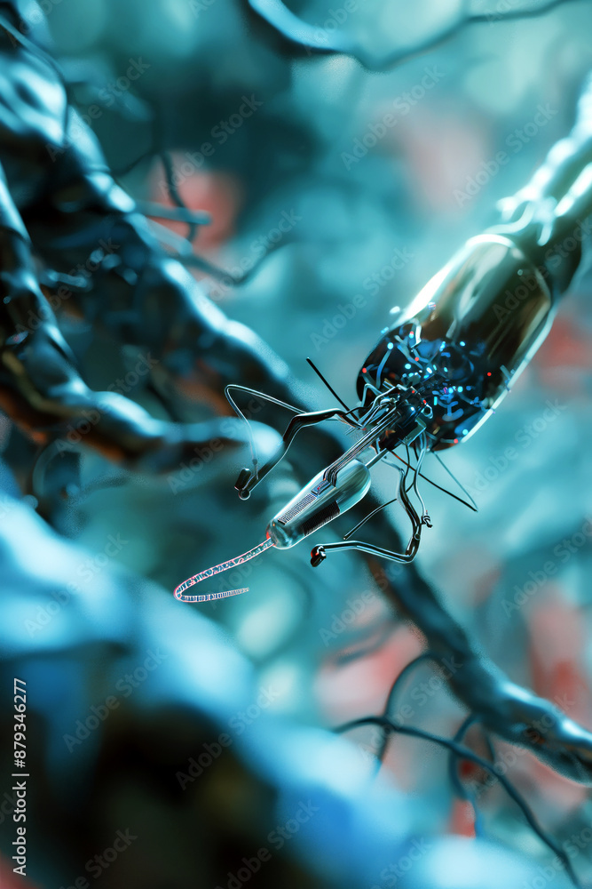 Poster a close-up view of a single nanorobot navigating through human tissue, showcasing its intricate desi