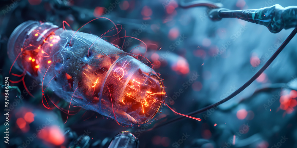 Poster a close-up view of a single nanorobot navigating through human tissue, showcasing its intricate desi