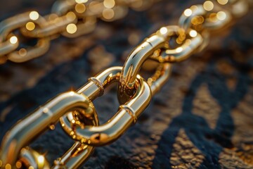 Golden chain glistening in the sun while laying on a rock, representing concepts such as strength and luxury