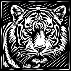 Fototapeta premium Hand drawn tiger silhouette in a minimal style. Black and white graphic illustration isolated on white background