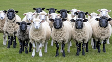 Fototapeta premium A single black sheep stands out from a group of white sheep in a grassy field, looking at the camera