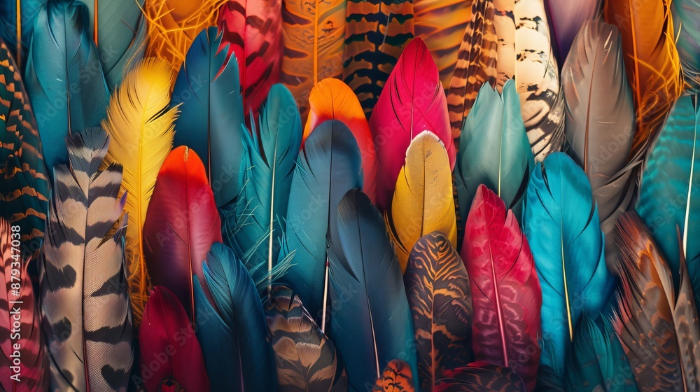 Poster Variety of colorful feathers are overlapping each other, creating a bright and vibrant background image with space for text