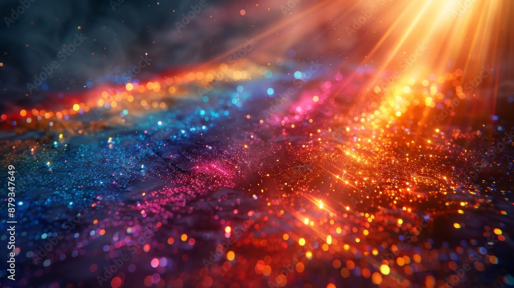 Poster abstract background with glowing particles floating across a dark background, illuminated by light r