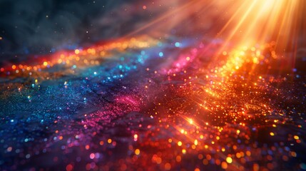 Fototapeta premium Abstract background with glowing particles floating across a dark background, illuminated by light rays in shades of red, orange, and blue