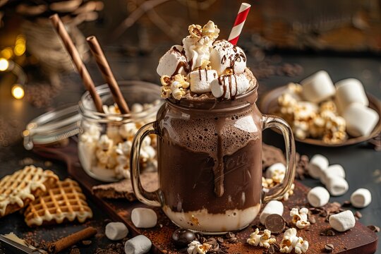 Chocolate milkshake with ice cream and whipped cream, marshmallows, sweet popcorn, cookies, waffles, served in a glass mason jar. Sweet cocktail. 