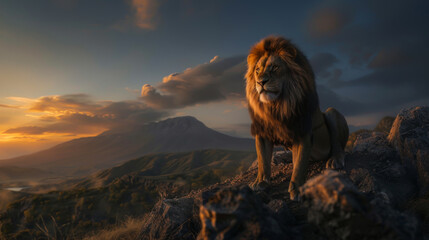Obraz premium A noble adult Leucidite on the cliff of a high mountain at sunset. The king of beasts enjoys the wind and feels the freedom at the top. Concept of wild nature, freedom.
