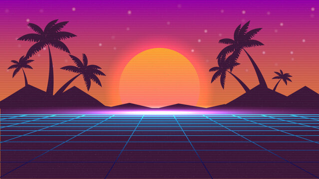 Retro background futuristic landscape 1980s style.Synthwave wireframe landscape. Digital retro landscape cyber surface. 80s party background.	

