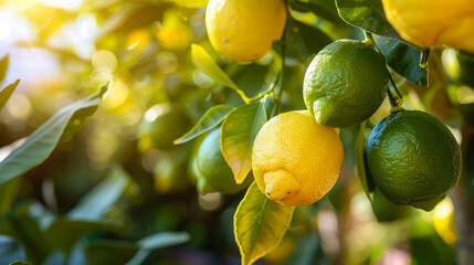 Ripening lemons on a tree in a sunny garden. Lemon tree with yellowed leaves and big harvest. Fruit, food concept.