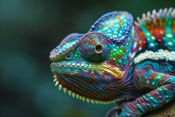 Fototapeta premium Colorful chameleon is staring ahead while resting on a branch in a tropical forest