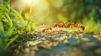 Team Concept team working together. Red ants. Action of ants carrying food