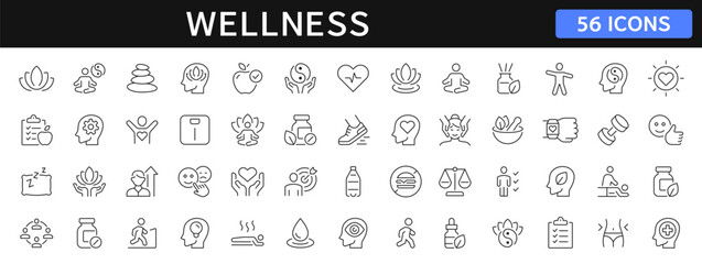 Wellness thin line icons set. Relaxation, massage, yoga, spa, meditation, health, wellbeing editable stroke icon. Vector