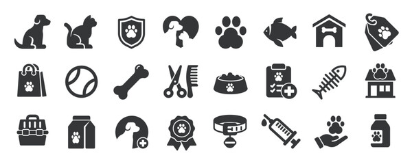 Pets glyph solid icons collection. Containing dog, cat, fish, shop, food. For website marketing design, logo, app, template, ui, etc. Vector illustration.