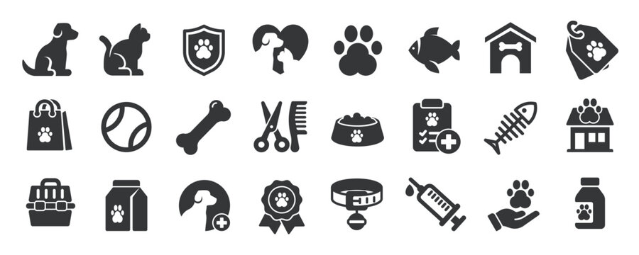 Pets glyph solid icons collection. Containing dog, cat, fish, shop, food. For website marketing design, logo, app, template, ui, etc. Vector illustration.
