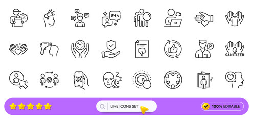 Engineering team, Hand sanitizer and Electronic thermometer line icons for web app. Pack of Thumb down, Romantic talk, Safe time pictogram icons. Consulting, Video conference. Search bar. Vector