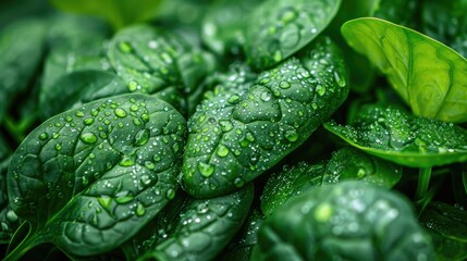 Close-up of fresh, dewy spinach leaves in a bunch