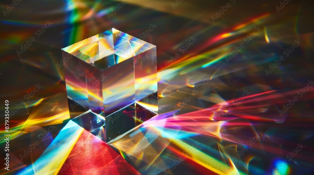 Poster transparent cube refracts light, creating vibrant colors on a reflective surface