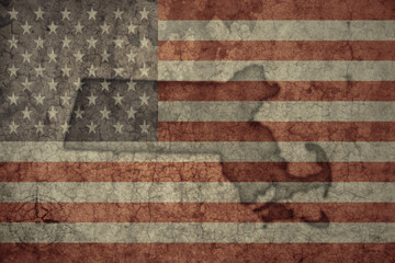 map of massachusetts state and flag of united states of america on a old vintage crack paper background .