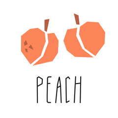 Peach cartoon illustration and text isolated on white. Tropical fruits. Peach geometric logo, print, design.