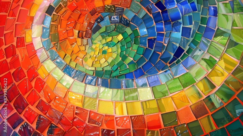 Poster colorful mosaic tiles are arranged in a concentric circle pattern, creating a vibrant and cheerful b