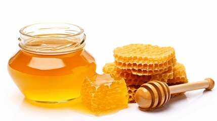 Jar full of fresh honey and honeycombs isolated on white background, ideal for natural sweetener concepts and healthy food photography.


