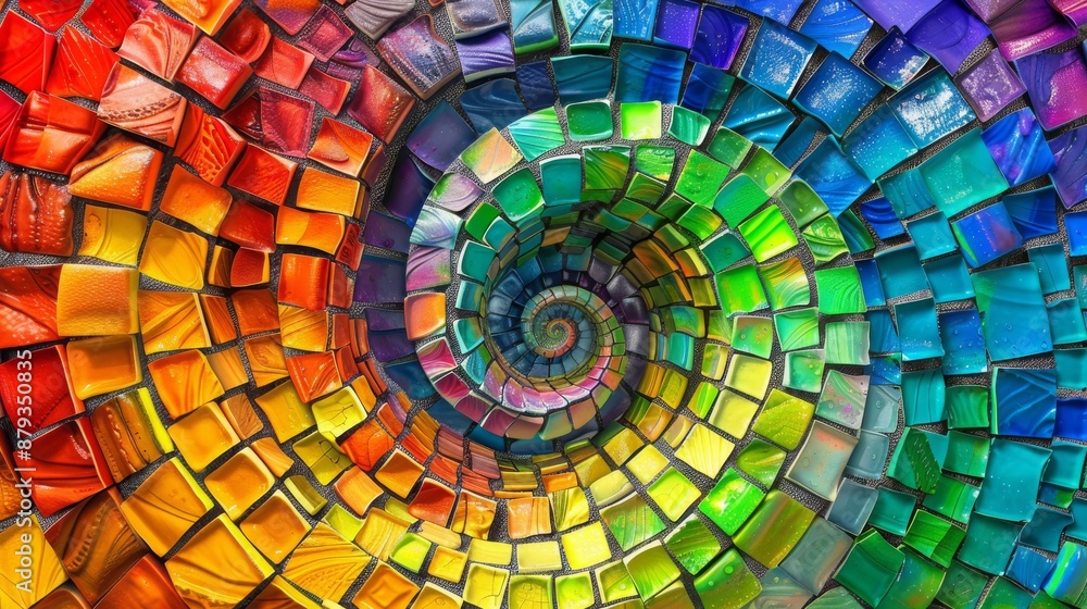 Poster colorful mosaic tiles forming a spiral pattern, creating a mesmerizing and vibrant background. the i