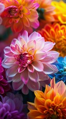 Obraz premium Close-up view of a bouquet of dahlias, featuring a variety of vibrant colors and intricate petal arrangements. The image captures the beauty and diversity of these stunning flowers