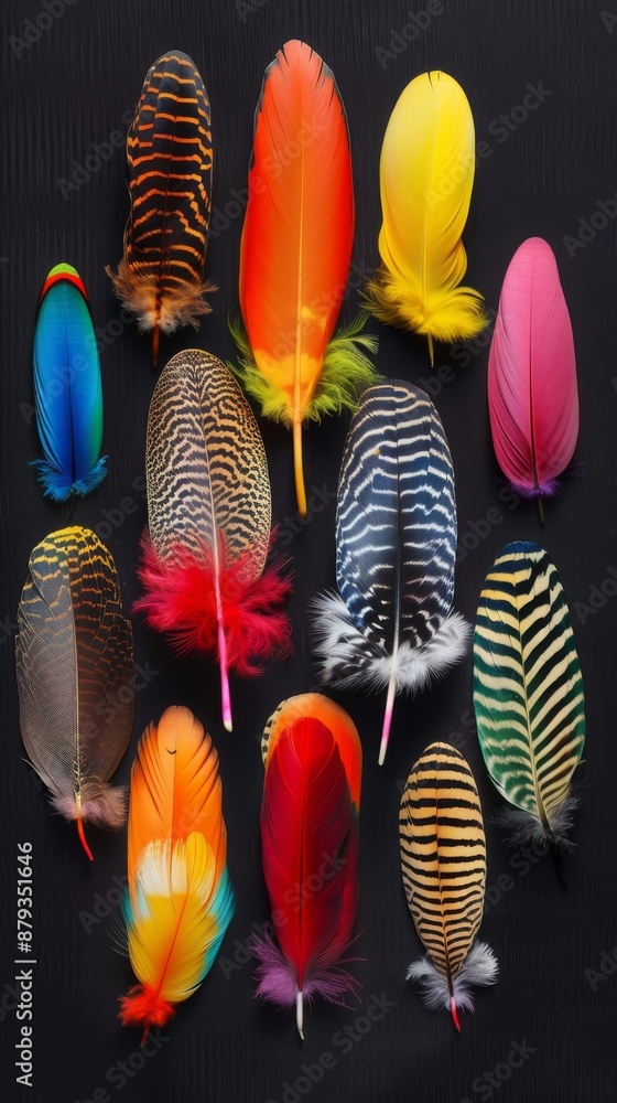Poster colorful bird feathers with a variety of patterns are lying on a dark wooden background creating an 