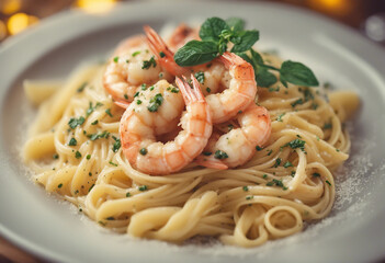 shrimp scampi in garlic butter sauce over a bed of al dente pasta, ad shot 
