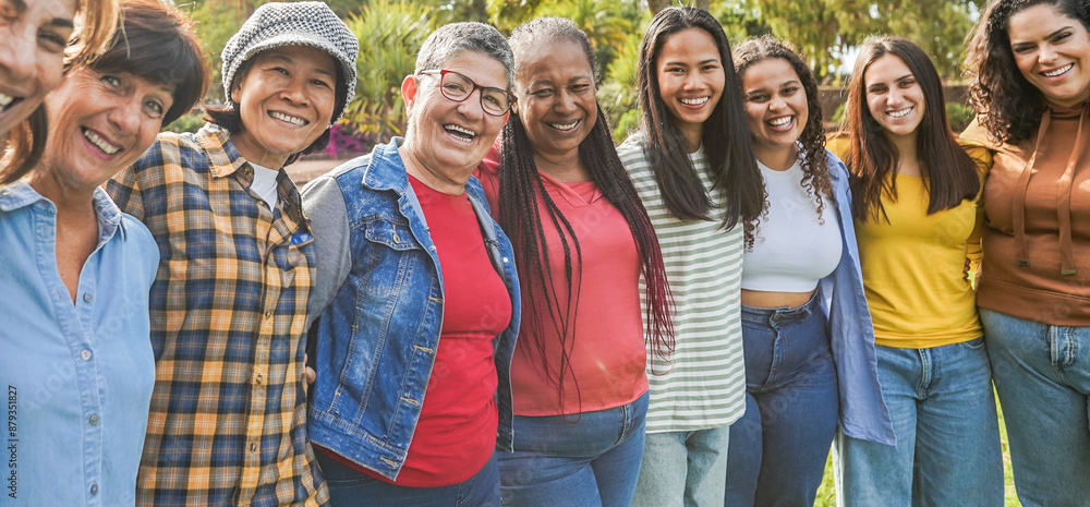 Wall mural multi generational women smiling in front of camera - female multiracial group having fun togheter o