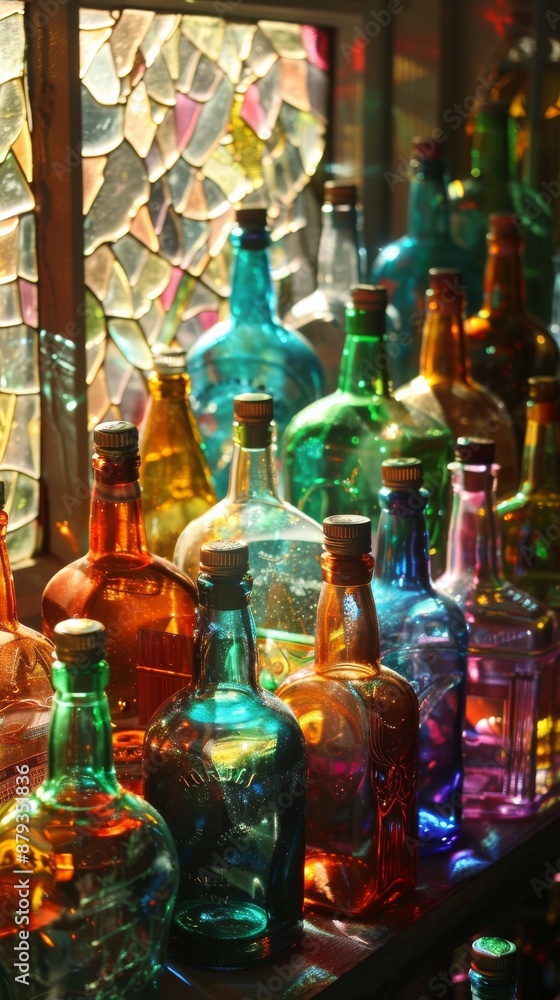 Poster Assortment of colorful glass bottles are lined up in front of a stained glass window, creating a vibrant and artistic display of light and color