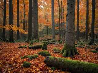 Amidst autumn forest, fallen leaves carpet ground in warm hues. Tall trees with thin trunks rise, their canopies adorned in orange, brown foliage. Fallen log, overgrown with green moss.