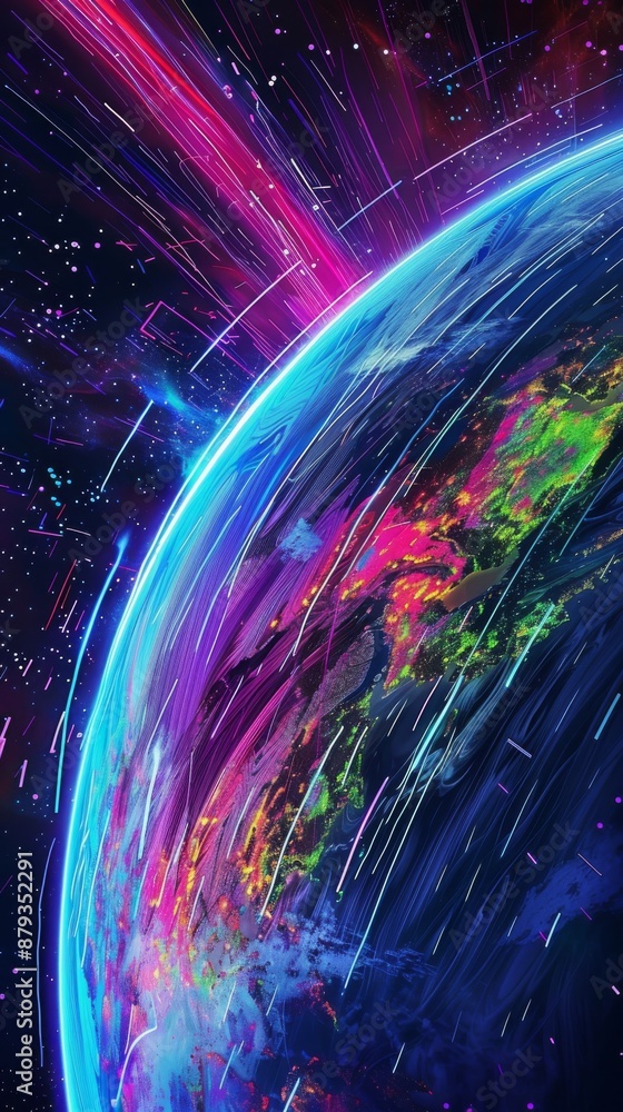 Poster illustration of planet earth with colorful data streaming towards its surface from space, symbolizin