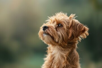 Fluffy brown dog is looking up with a curious expression on its face, suggesting a sense of wonder and expectation