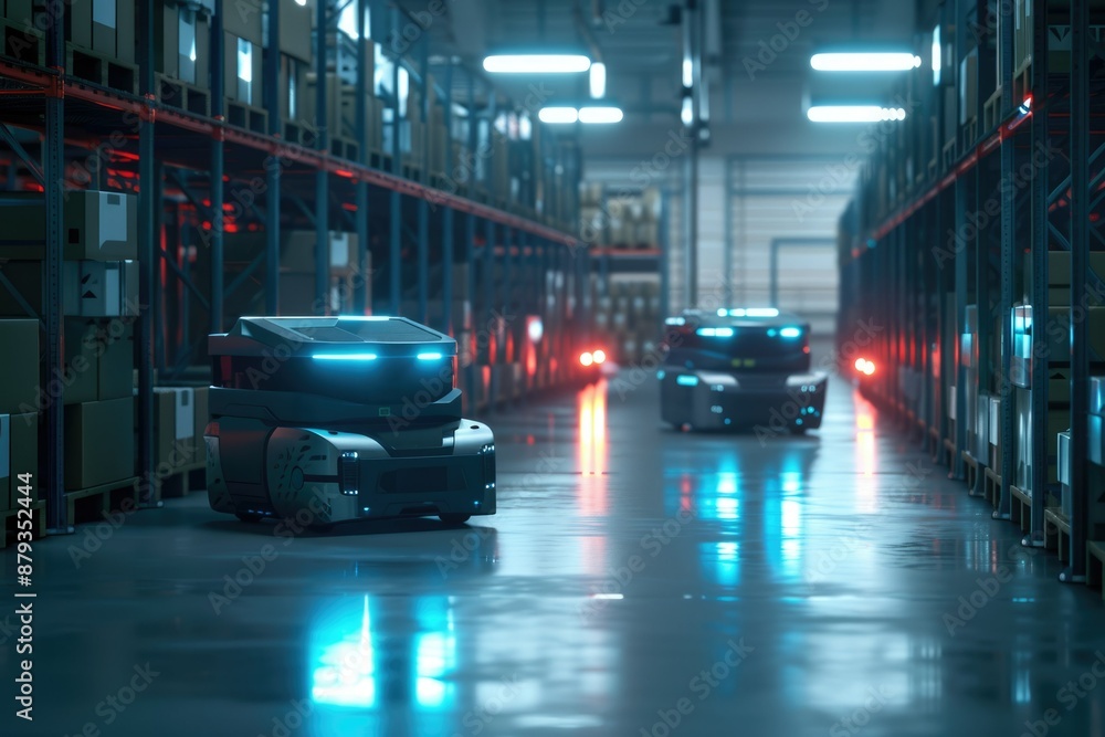 Poster autonomous robots operating in a state-of-the-art industrial warehouse with high-tech storage soluti