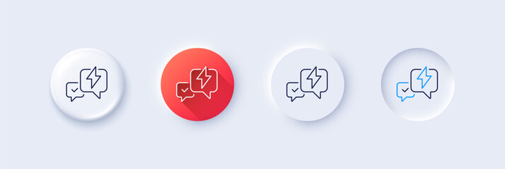Lightning bolt line icon. Neumorphic, Red gradient, 3d pin buttons. Chat messages sign. Speech bubble symbol. Line icons. Neumorphic buttons with outline signs. Vector