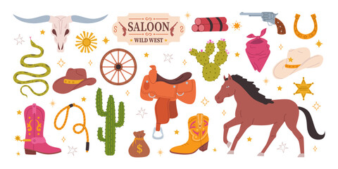 Cowboy vector set. Wild West concept. Flat hand drawn illustration with hat, horse, sheriff badge, and boots