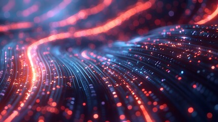 Obraz premium 3d render of glowing data cables, futuristic network background with light effect and bokeh