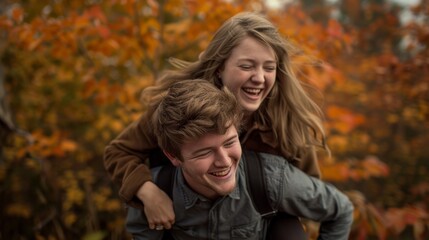 Fototapeta premium Young couple happy lifestyle together on autumn foliage season at outdoor.