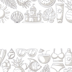 Summer minimalist square card, monochrome gray beach accessories icons. Upper and bottom border frame, space for text, isolated on white. For poster, flyer, banner, invitation, social media, party