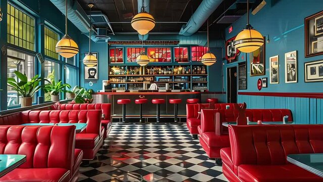 Retro cafe, american diner interior with tables, red sofas