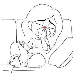 The character having cold and blows her nose while sitting on sofa. feeling unwell, runny nose and fatigue.