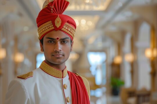 Young indian doorman wearing traditional clothing greeting a guest in the lobby of a luxury hotel - Powered by Adobe