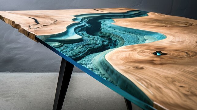 A close-up of a wooden table top with a black epoxy river running through it