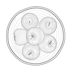 The bowl is filled with apples. Outline and line art style. Vector on white background.
