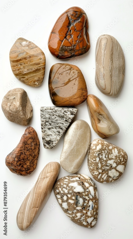 Poster beautiful collection of polished stones with unique patterns and textures are arranged on a white ba