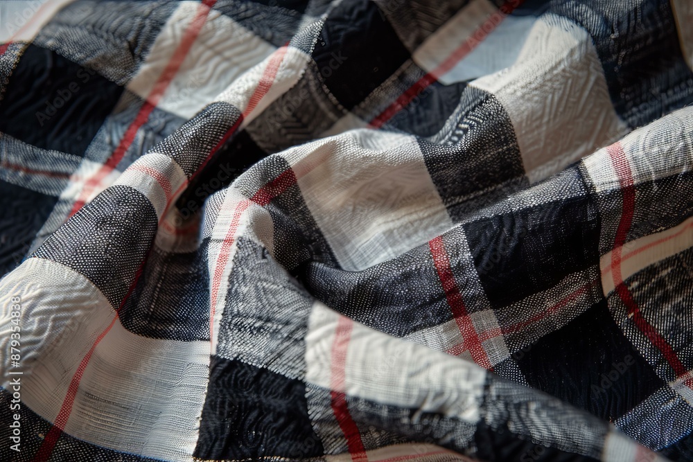 Poster black, white and red checkered fabric with visible texture lying in soft folds